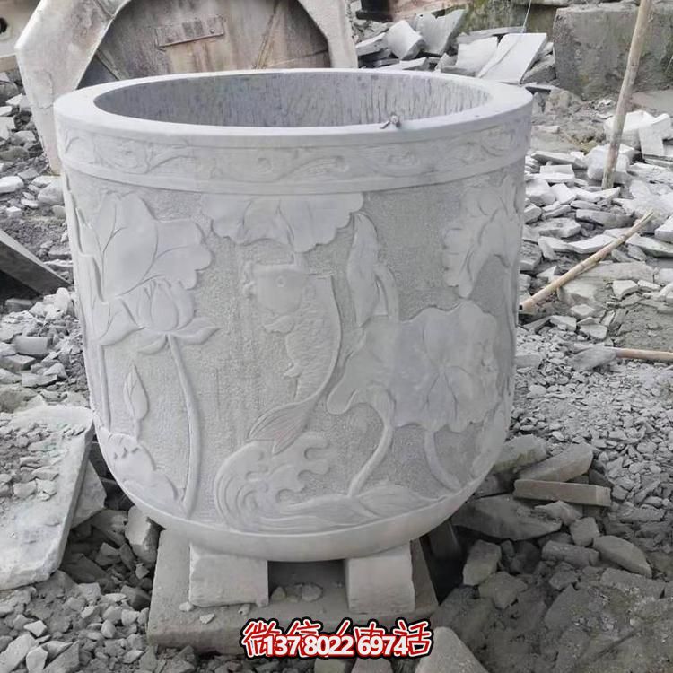 中式别墅石灰浮雕荷花圆形花盆水缸