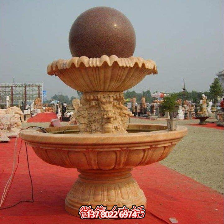 经典中式风水球，黄锈岩浮雕喷泉水