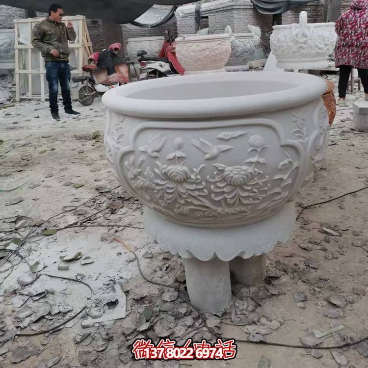 大型汉白玉浮雕菊花养鱼水缸