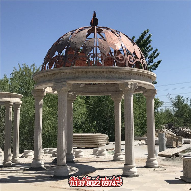 欧式风格别墅花园装饰镂空树叶铁艺大理石凉亭摆件