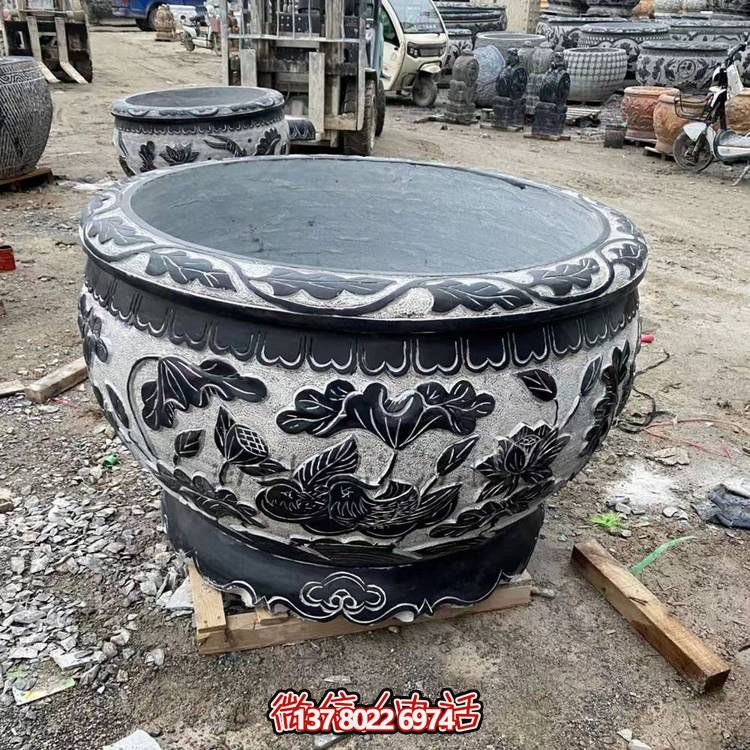 梦幻中式庭院青石浮雕荷花养鱼水缸