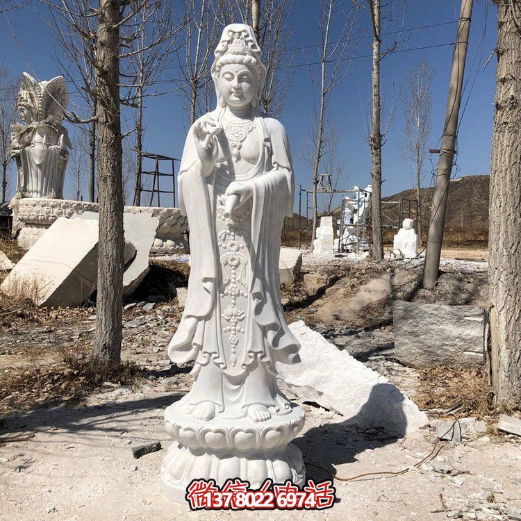 经典传统工艺精致大理石浮雕观音站神像摆件