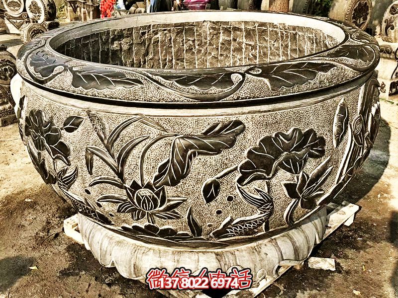 精美大理石浮雕莲花缸，现代庭院装饰雕塑