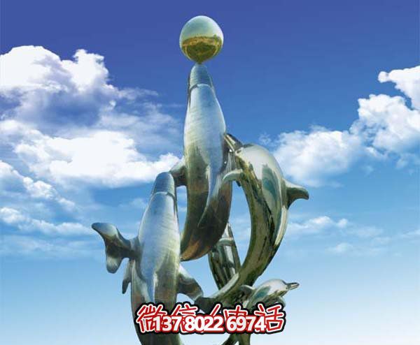 空中飞跃只玩球不锈钢海豚雕塑
