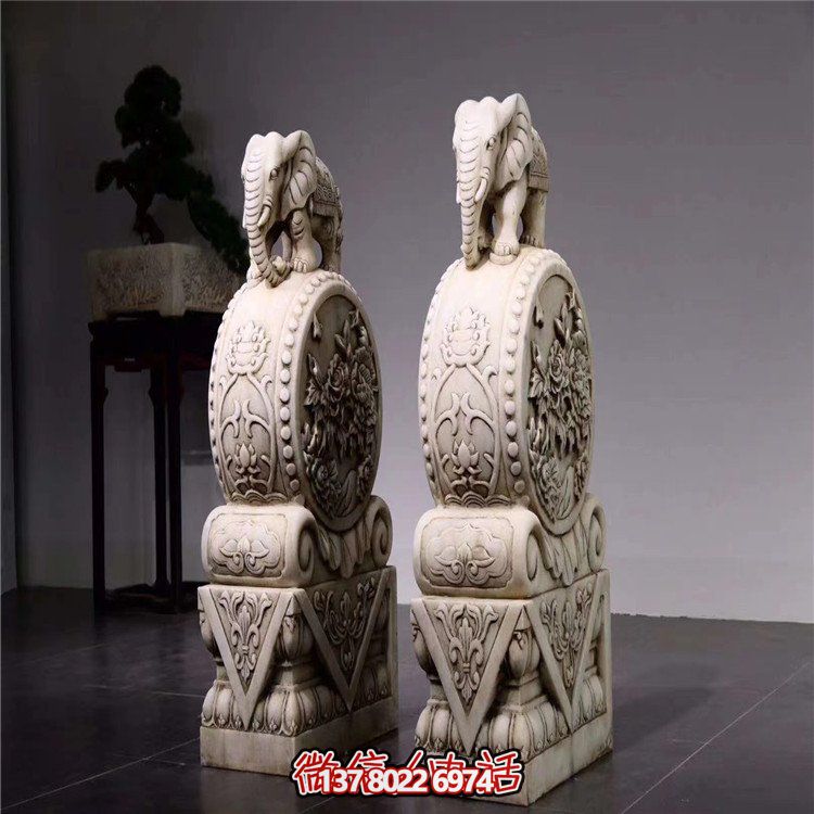 汉白玉仿古浮雕福象门墩鼓石抱摆放庭院装饰品