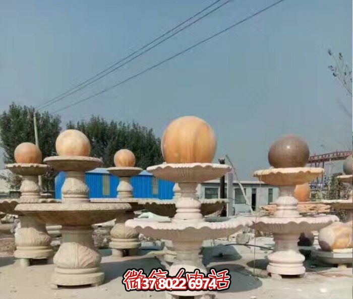 精美多层风水球喷泉石雕晚霞红艺术装置