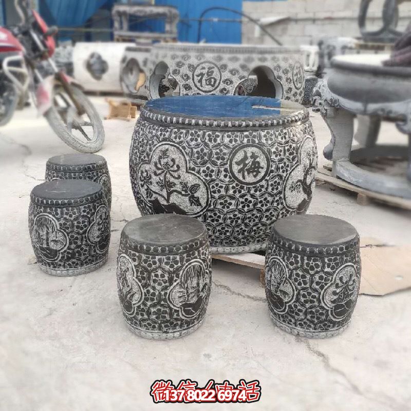 梅兰菊竹浮雕石桌石凳，休闲庭院圆形装饰
