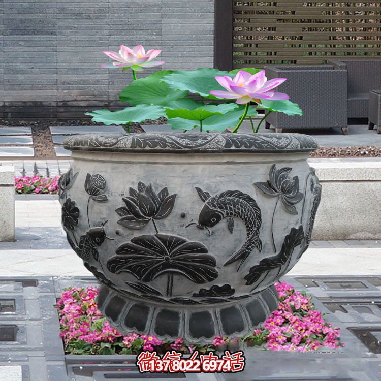 古典庭院装饰-青石浮雕水缸荷花雕塑