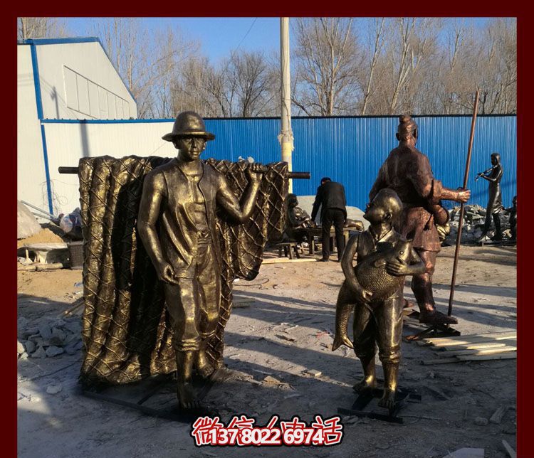 高品质玻璃钢仿铜雕塑，点缀景区园林，助力捕鱼父子回家，欣赏小品