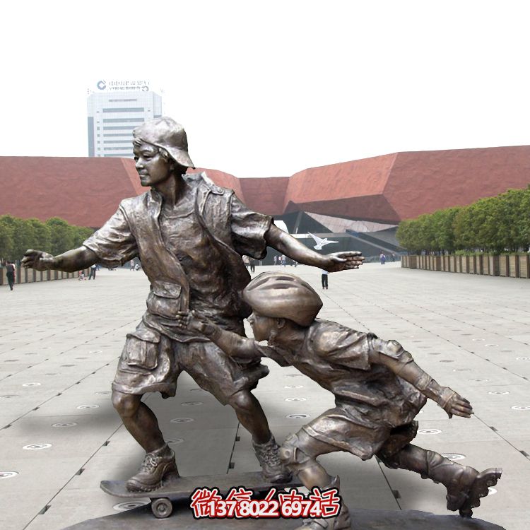 玻璃钢仿铜滑旱冰儿童人物雕塑