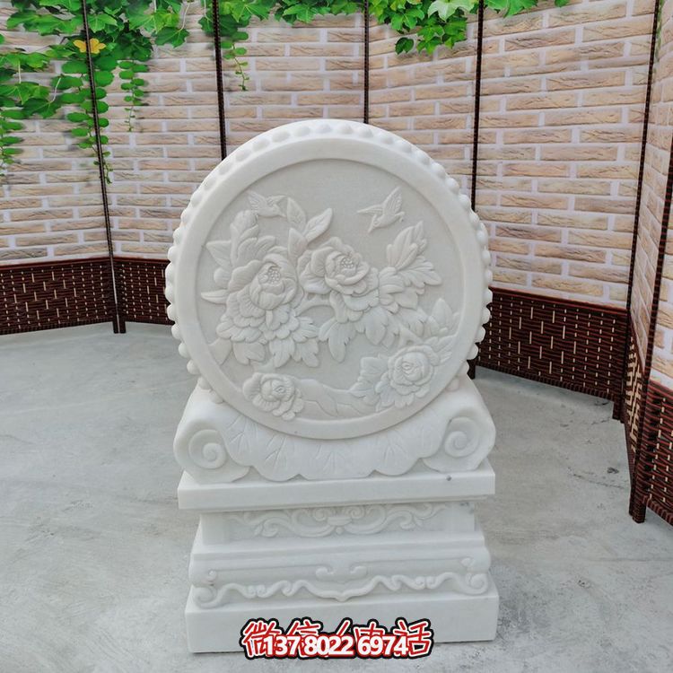 中式风格天然汉白玉石雕抱鼓浮雕门墩，花开富贵