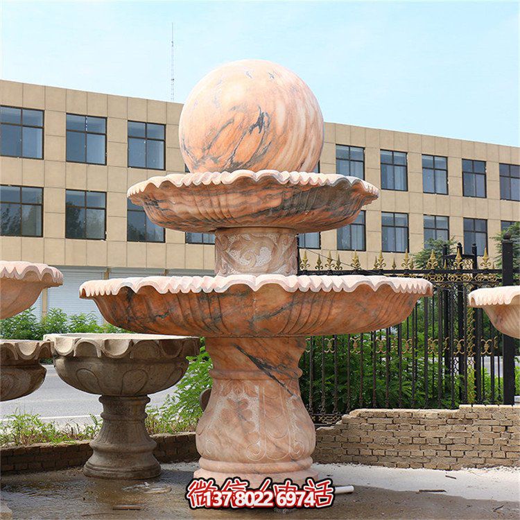 完美融合石雕晚霞红园林户外广场风水球风水喷泉