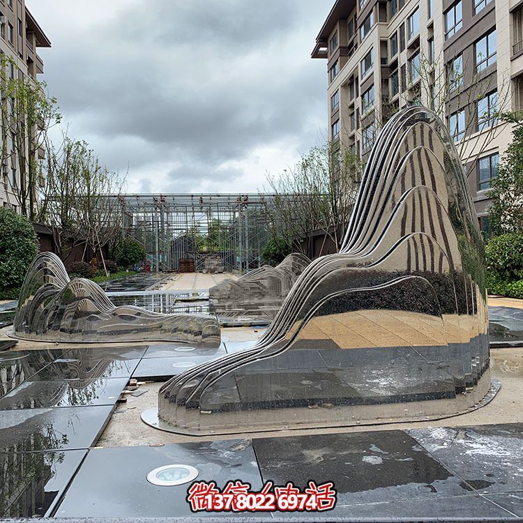 假山雕塑+不锈钢喷泉，完美结合抽象镜面美学