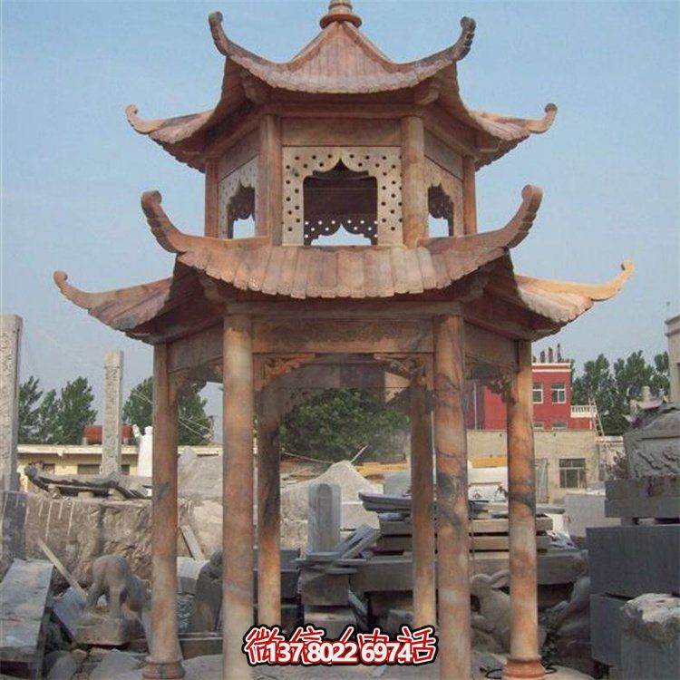 精美红晚霞大理石雕塑装饰双层凉亭