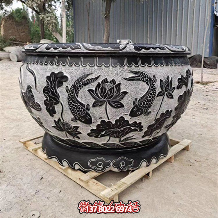 精美大理石浮雕鲤鱼荷花旧庭院圆形水缸