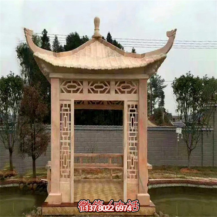 红石雕镂凉亭，晚霞中空中创意雕塑