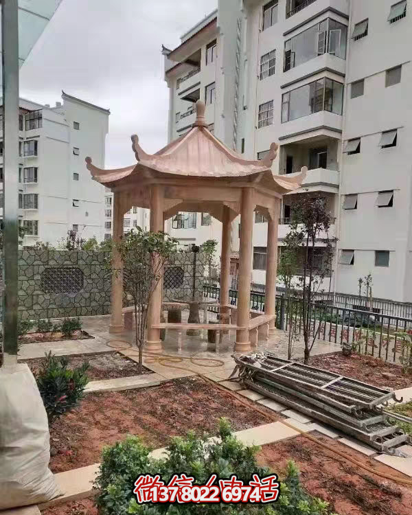 晚霞色石雕大理石凉亭，点缀园林美景