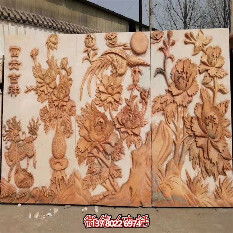 大理石牡丹花富贵浮雕壁画