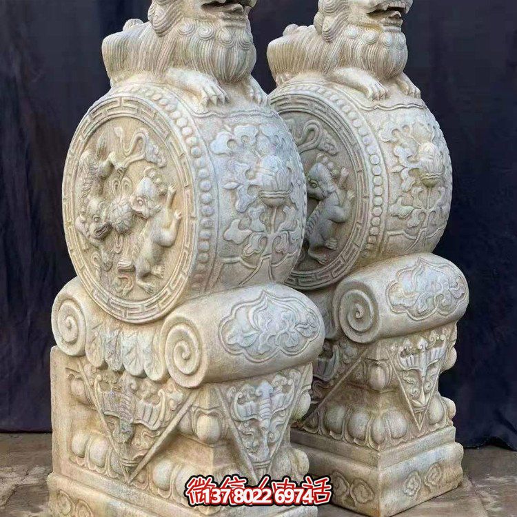 天然大理石狮子抱鼓雕刻镇宅门口招财小石