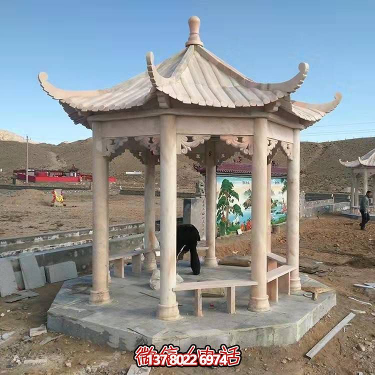 园林摆放天然石材晚霞红中式六角凉亭