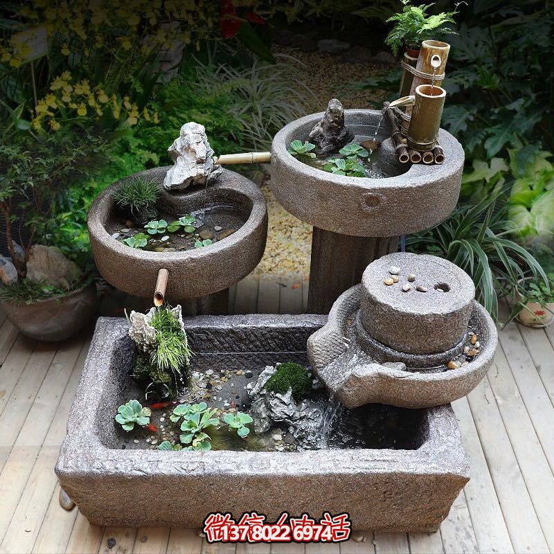 老旧石槽鱼缸石头鱼池水缸养鱼花盆户外庭院石磨青石流水景观