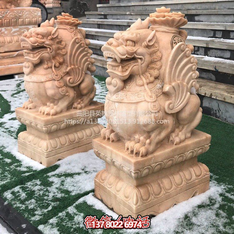 晚霞红石雕门墩抱鼓石门口庭院貔貅雕塑