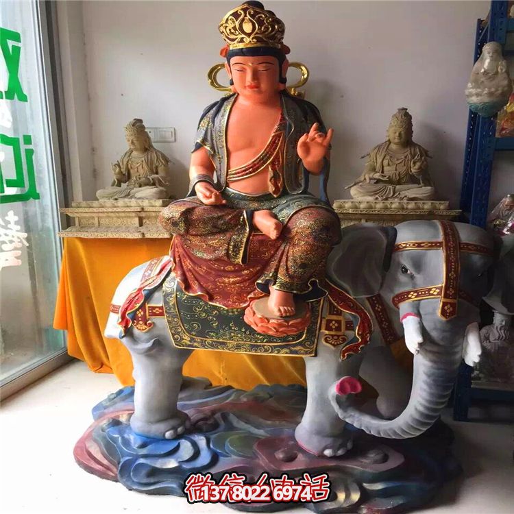 景区庙宇玻璃钢彩绘坐着大像上的菩萨文殊普贤雕塑
