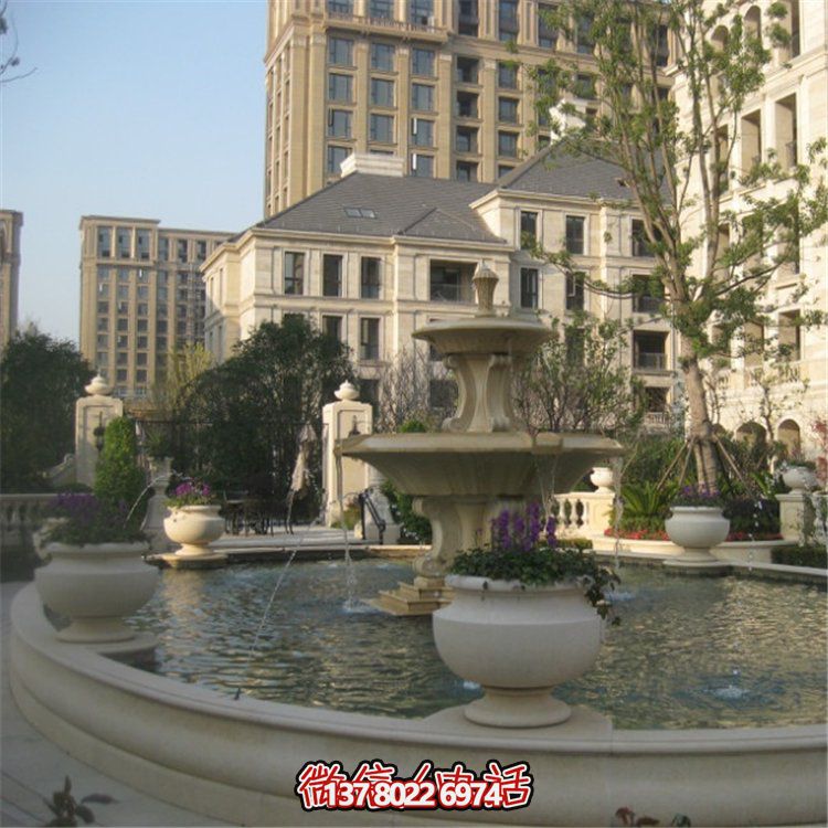 小区水池摆放黄锈岩欧式流水二层水钵雕塑