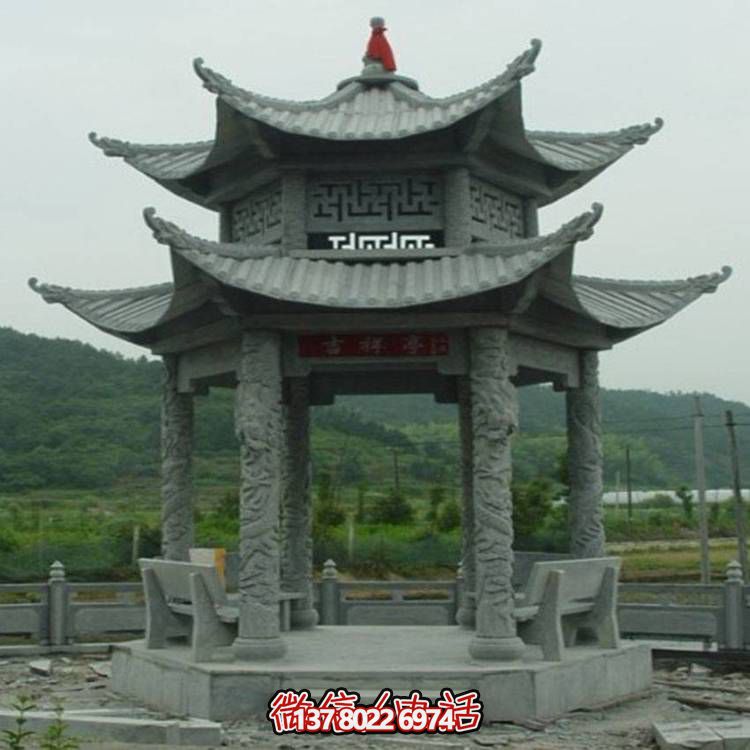 景区户外摆放青石浮雕龙纹柱双层凉亭雕塑