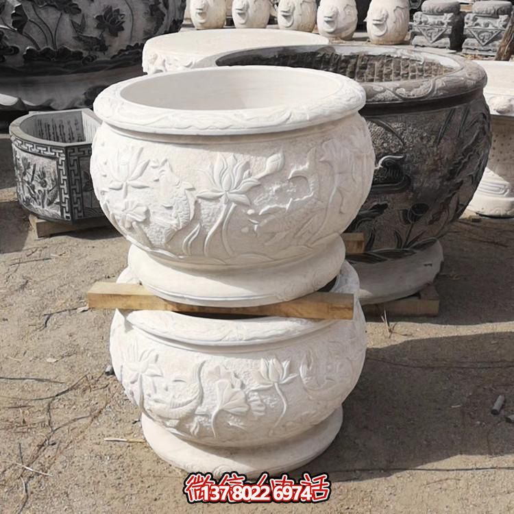 大理石汉白玉浮雕荷花养鱼水缸庭院装饰摆件