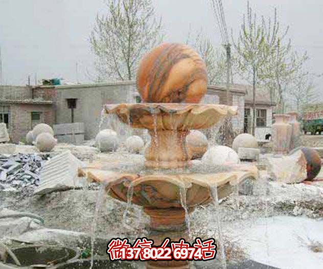 别墅景观晚霞红风水球喷泉石雕