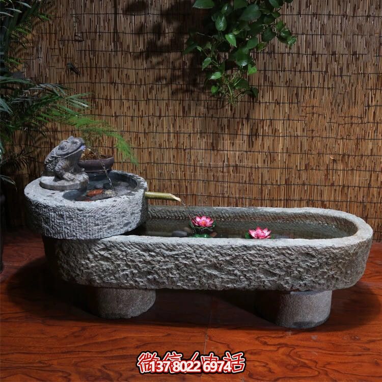 寺院老石缸青石石槽鱼缸石头花盆竹子流水圆形养荷花池