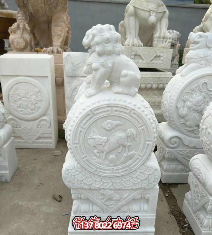 汉白玉石雕户外园林门口浮雕狮子抱鼓石雕塑