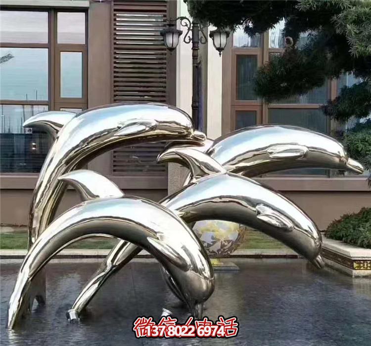 四只水上跳跃的不锈钢抽象海豚雕塑
