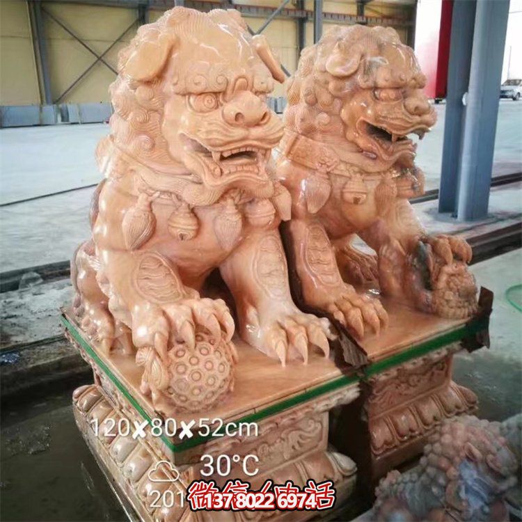 庭院门口晚霞红大理石石雕狮子雕塑