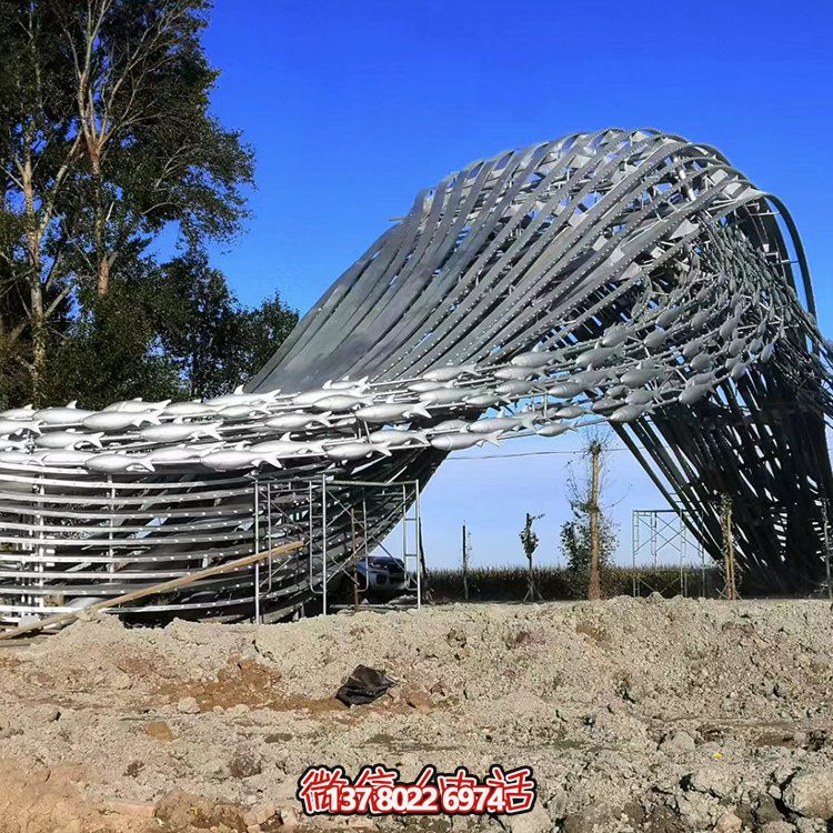 冲浪鱼群、水波不锈钢景观雕塑