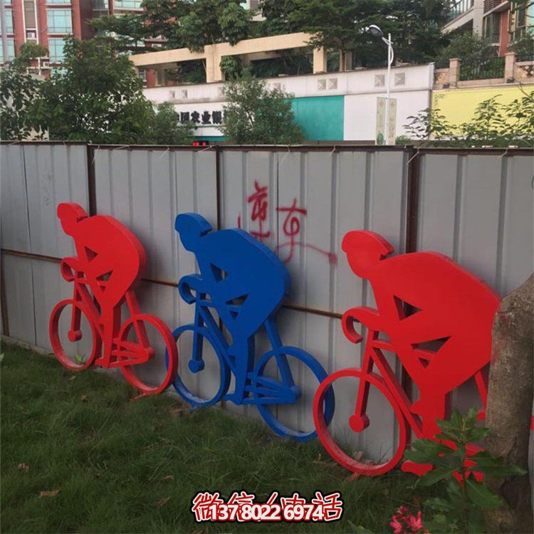 户外不锈钢抽象骑自行车的人物雕塑