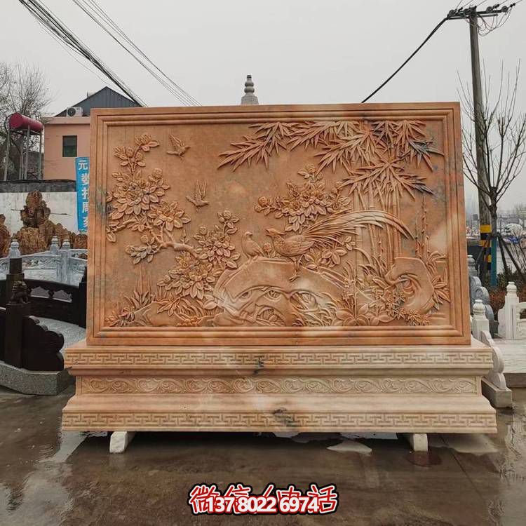 浮雕晚霞红大理石石雕景观屏风雕塑摆件