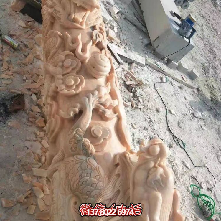 晚霞红大理石石雕户外文化柱雕塑