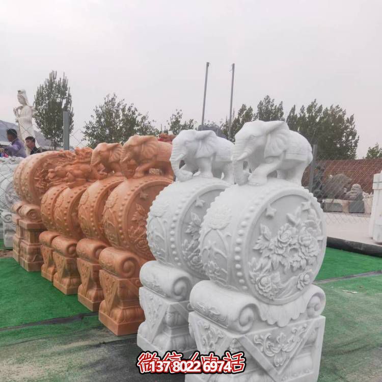 企业大门摆放大理石雕刻小象抱鼓石雕塑