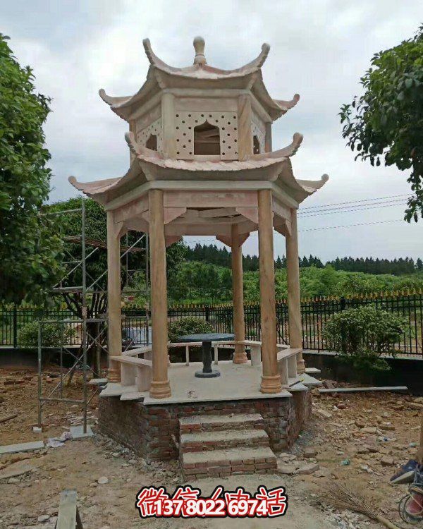 园林公园晚霞红石雕双层凉亭雕塑