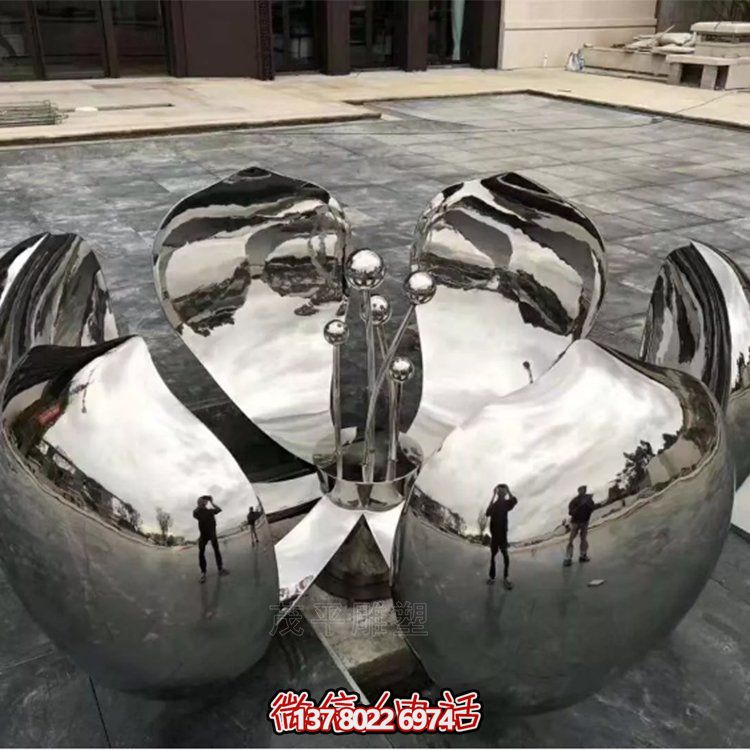 会所户外水景装饰不锈钢镜面荷花雕塑