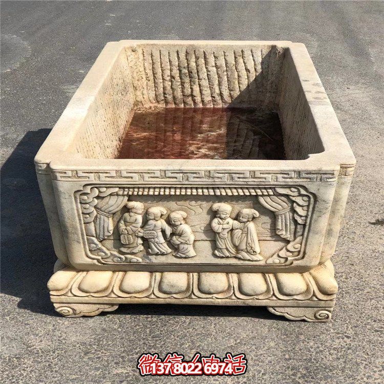 中式庭院摆放大理石浮雕长形养鱼老石槽水缸