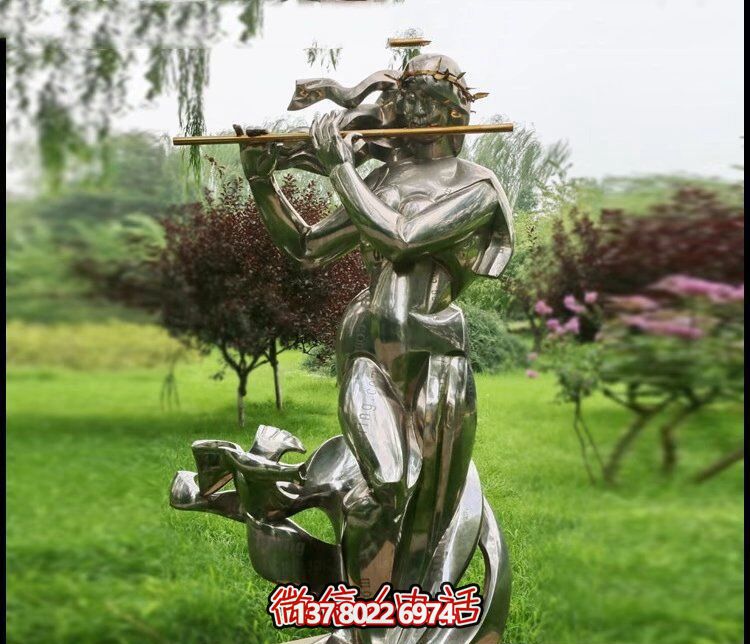 户外不锈钢草坪创意吹笛子的女孩公园吹奏雕塑