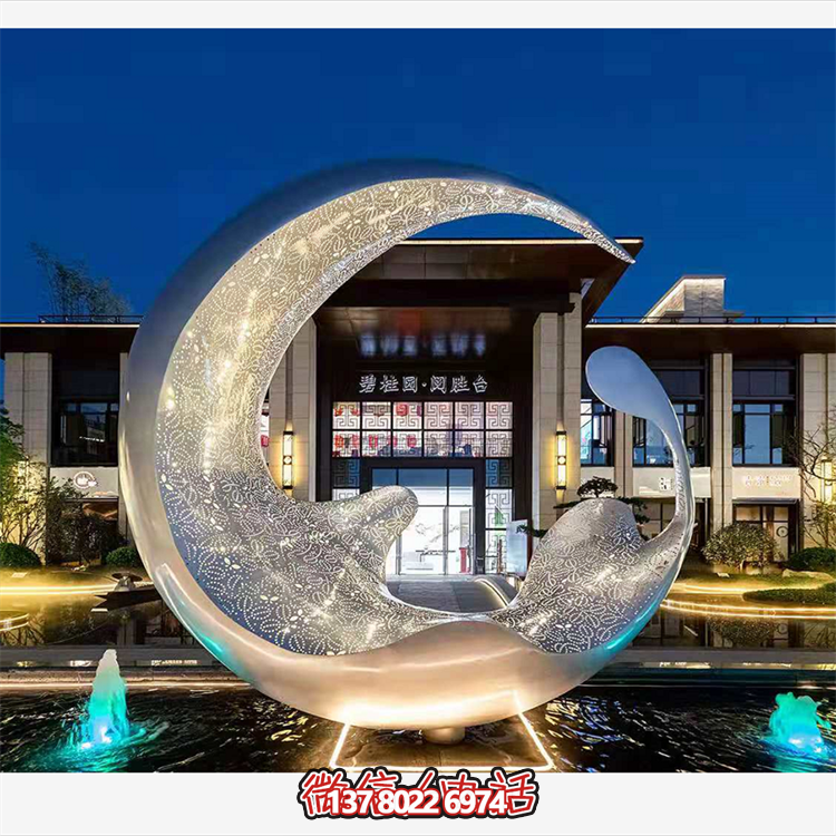 不锈钢月亮水滴雕塑，透光水景装饰雕塑