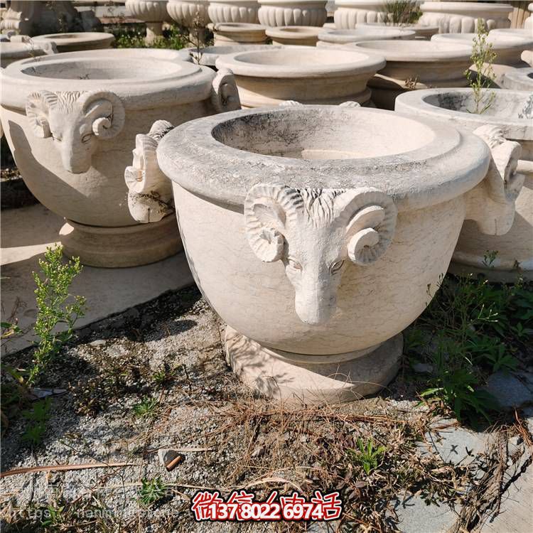 欧式石雕花盆户外带底座高脚花钵水钵黄锈石花岗岩花钵雕塑