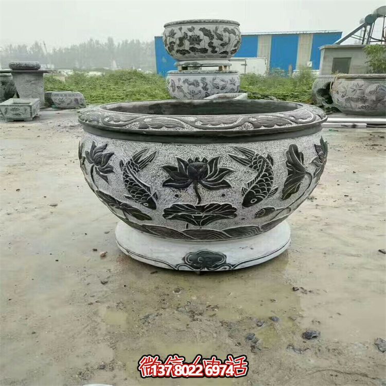 庭院青石石雕双鱼莲花花盆雕塑