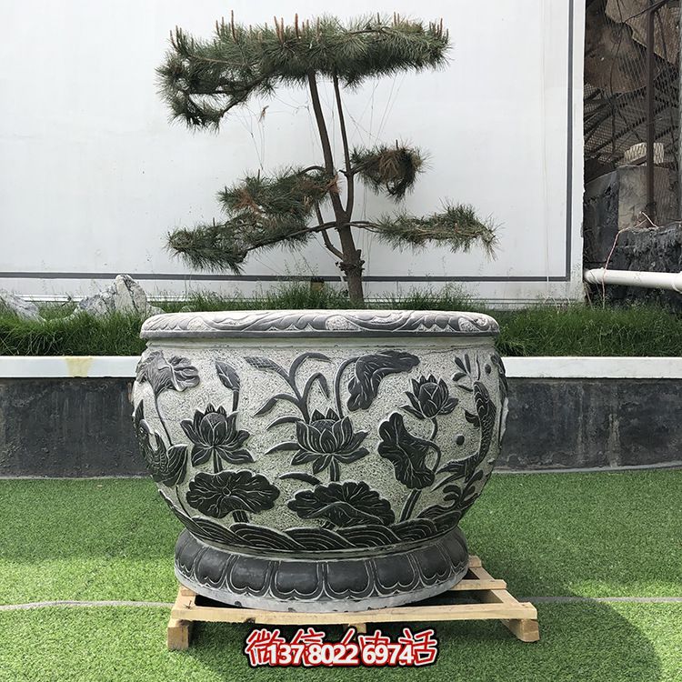 园林大理石石雕浮雕莲花水缸雕塑