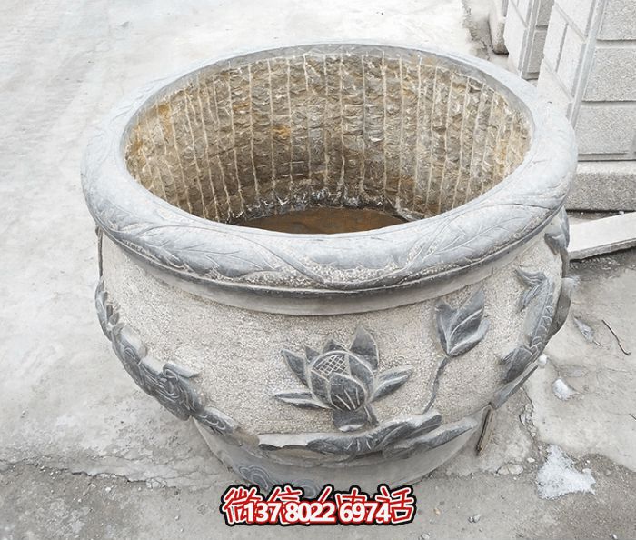 仿古荷花鲤鱼浮雕石雕水缸雕塑