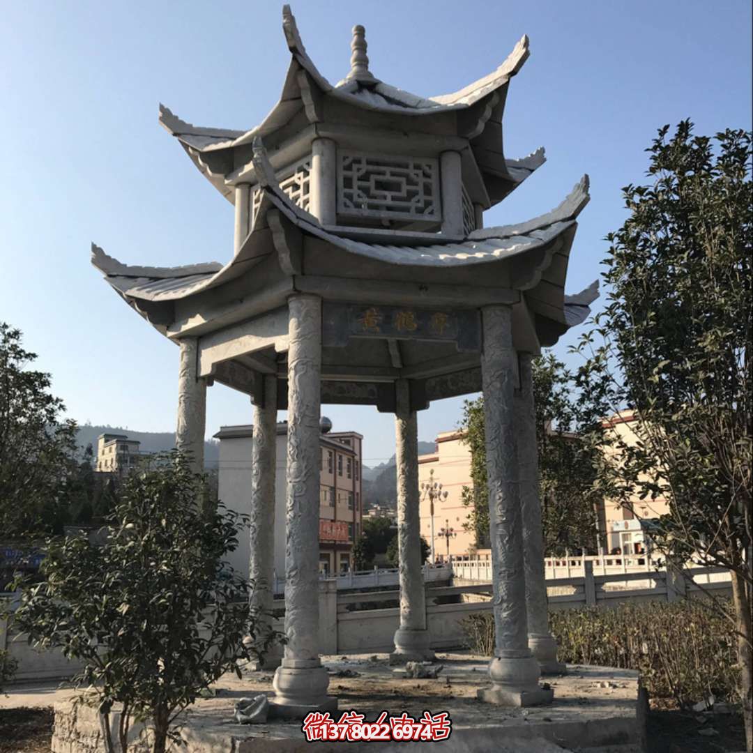 城市河道景观摆放双层青石镂空凉亭